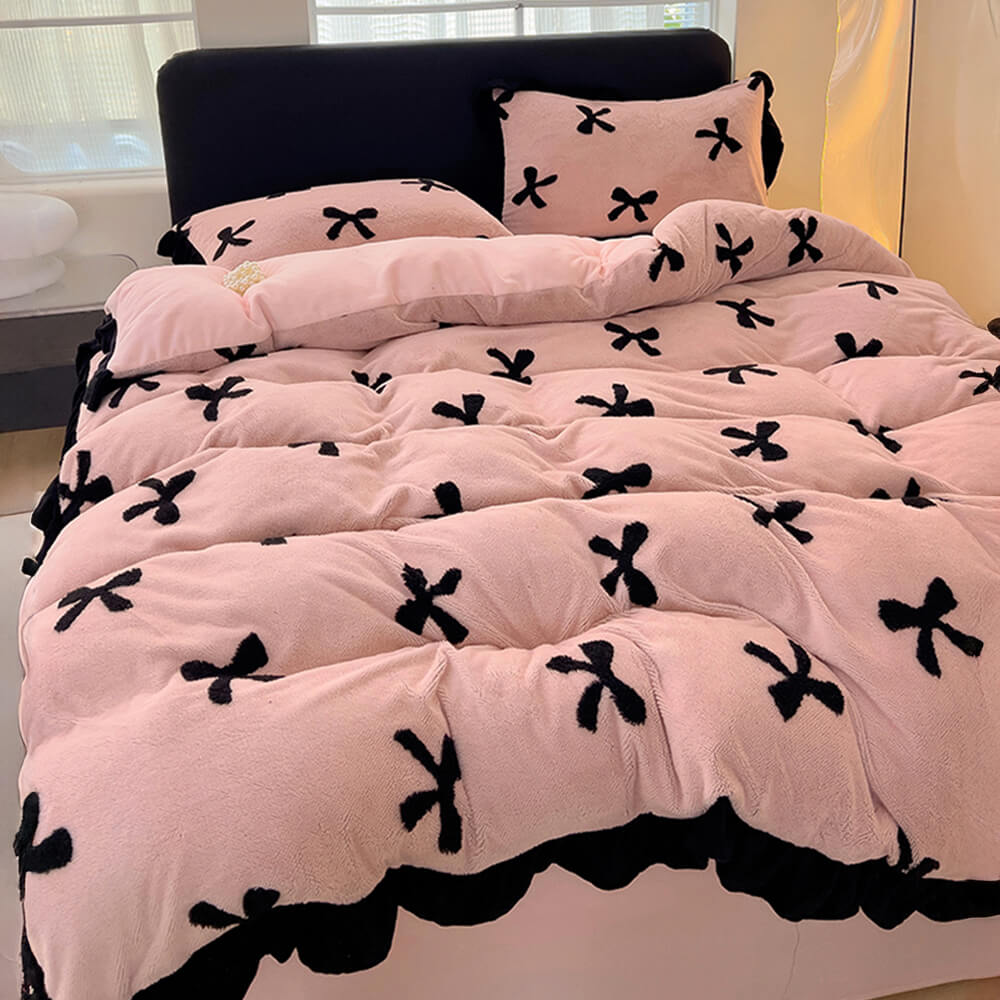 Romantic Bow knot Anti-Static Warm Milk Velvet Bed Sheet Set