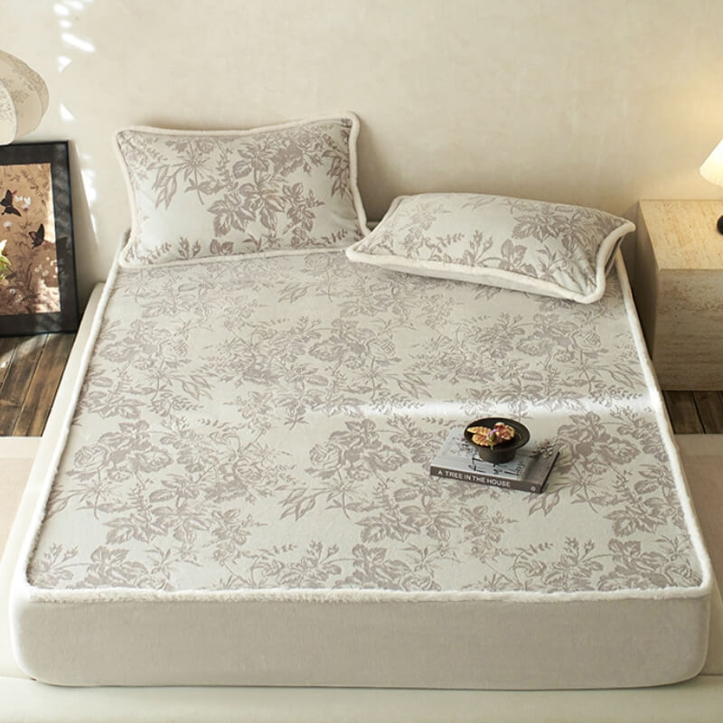 Gentle Carved Floral Cozy Milk Velvet Mattress Protector Fitted Sheet