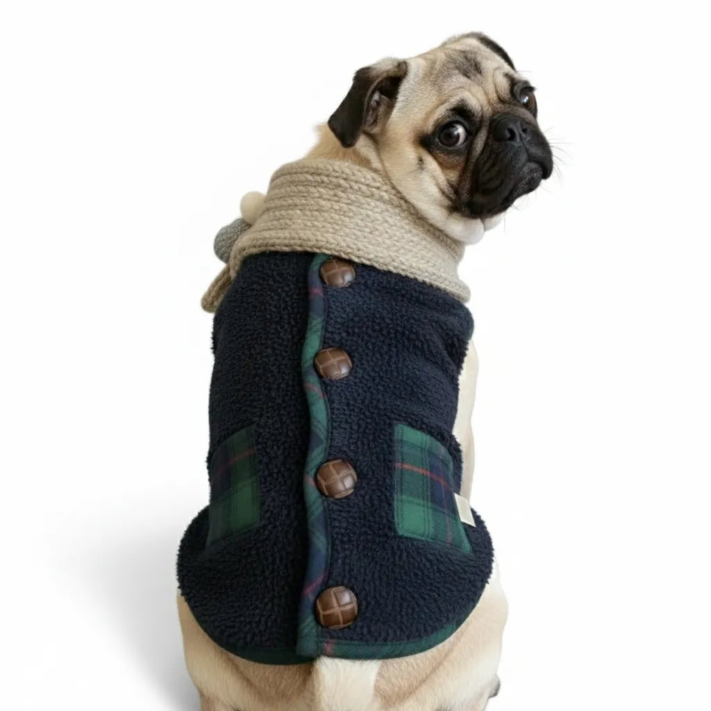 Chaqueta para perros de invierno a cuadros con bufanda: festivo y acogedor para las vacaciones