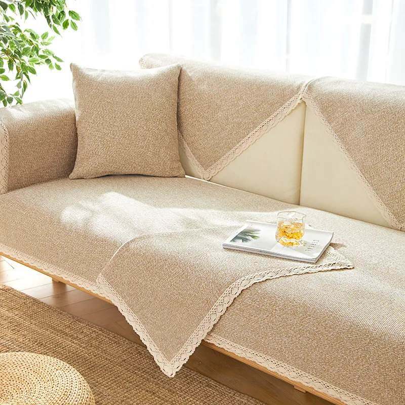 Funda de sofá antideslizante de lino y algodón tejida a mano para todas las estaciones