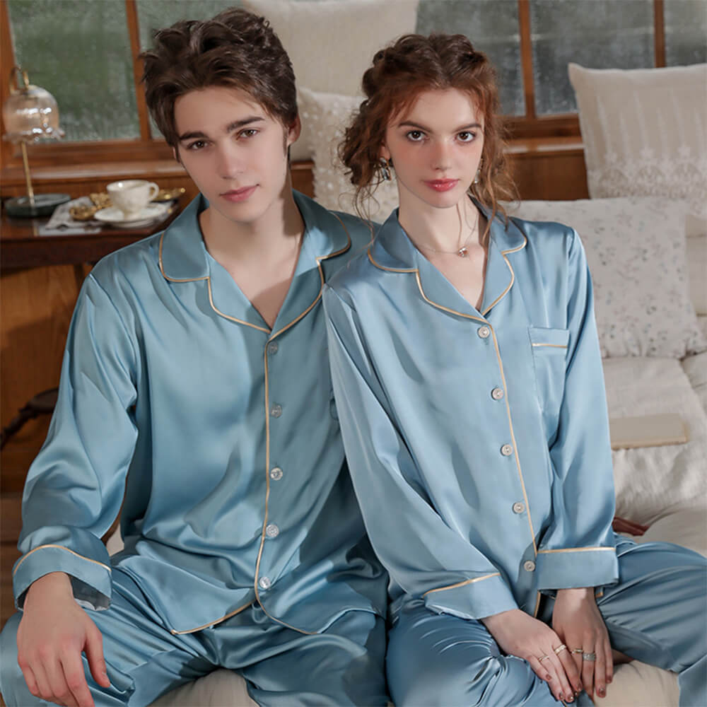 Luxurious Satin Long Sleeve Couples Pajama Set Comfortable Home Loungewear