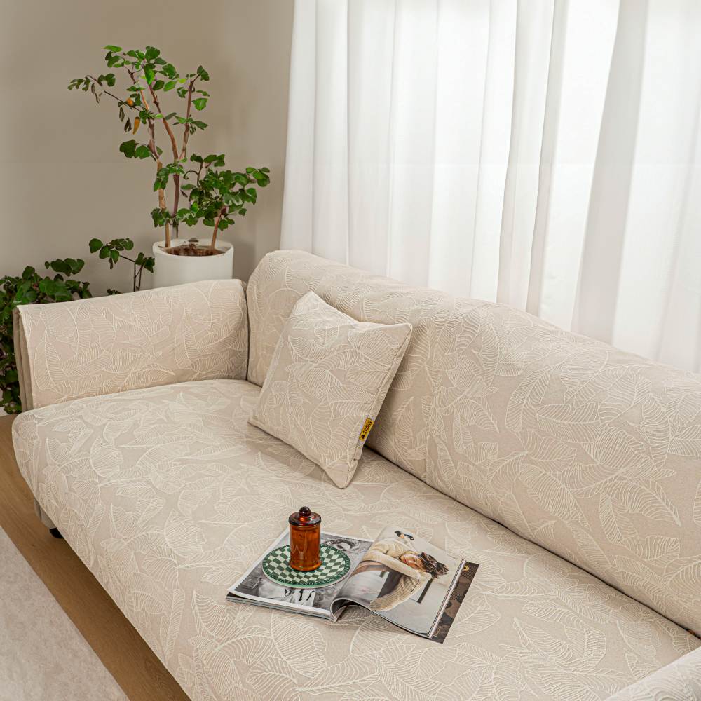Funda de sofá protectora de sofá Jacquard con textura de hoja de color sólido de lujo