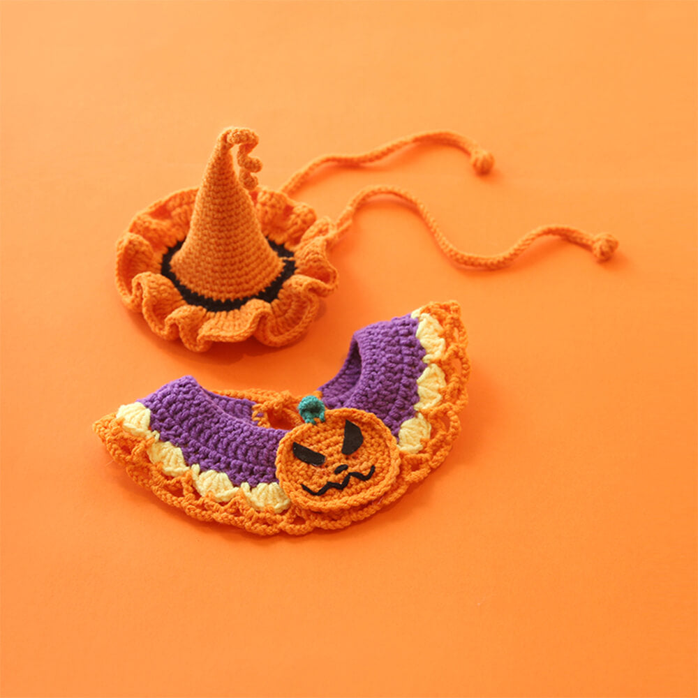 Disfraz de mascota de Halloween, collar de calabaza tejido hecho a mano y sombrero de bruja