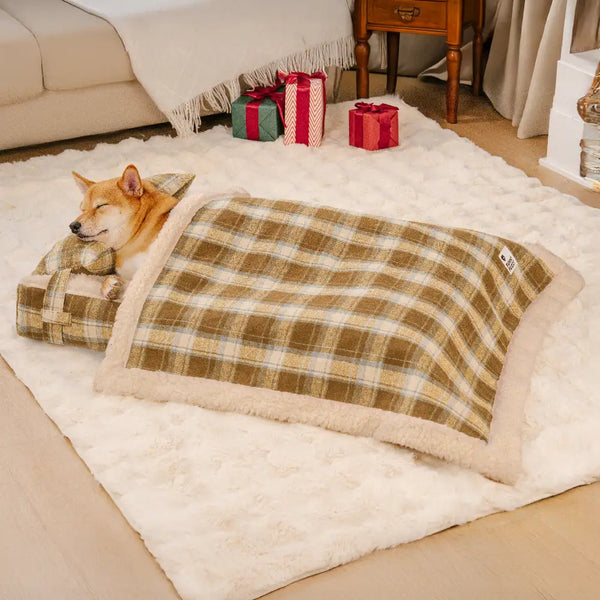 Vintage Plaid Plush Detachable Orthopedic Dog Bed with Pillow - Puppy Snug