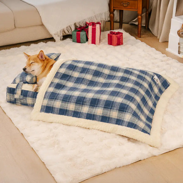 Vintage Plaid Plush Detachable Orthopedic Dog Bed with Pillow - Puppy Snug
