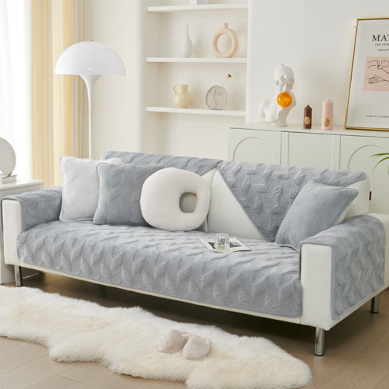 Suede Plush Elegant Pattern Sofa Protective Non-Slip Couch Cover