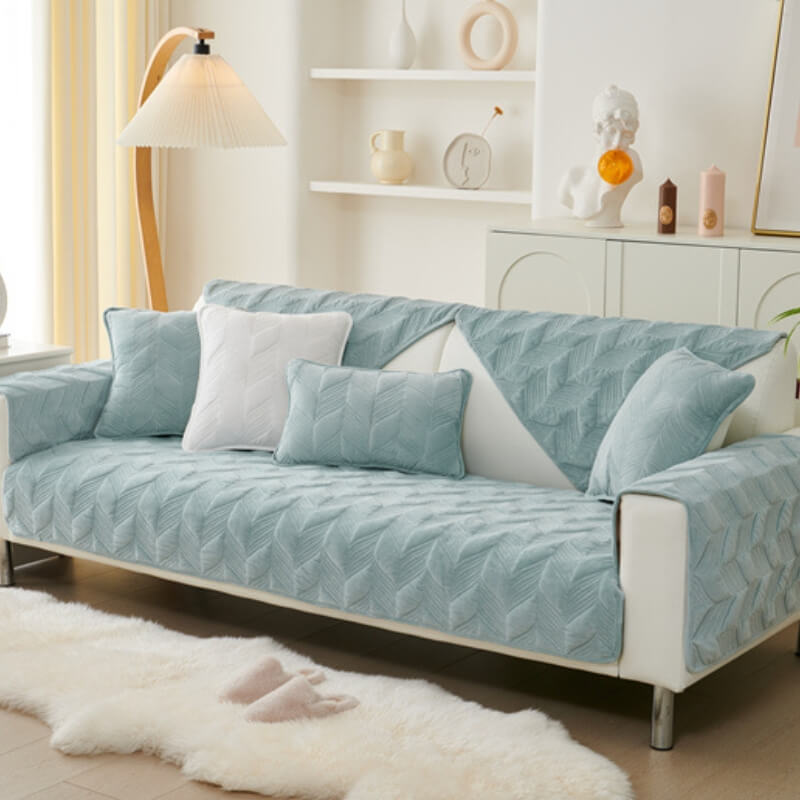 Suede Plush Elegant Pattern Sofa Protective Non-Slip Couch Cover