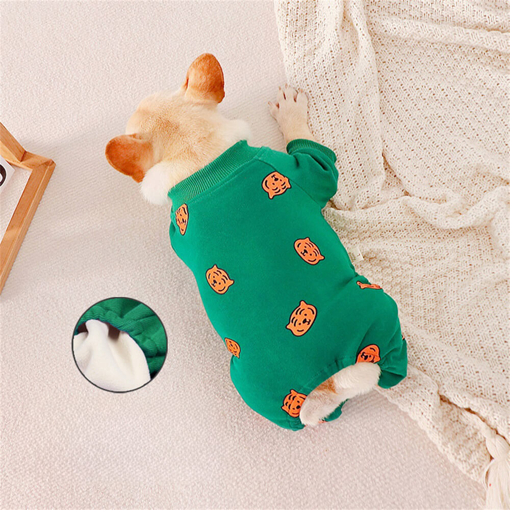 Pumpkin Print Green Dog Pajamas - Cozy and Festive Sleepwear for Dogs