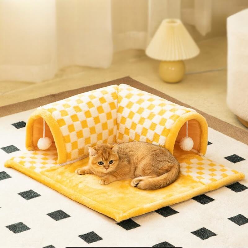 2-in-1 Funny Plush Plaid Checkered Cat Tunnel  Bed