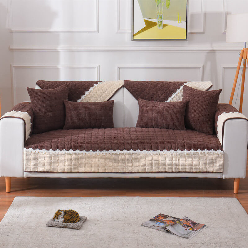 Funda de sofá antideslizante con bloques de color de pana y encaje