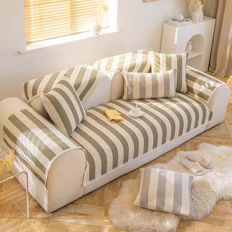Funda de sofá protectora de muebles antiarañazos a rayas de lino y algodón