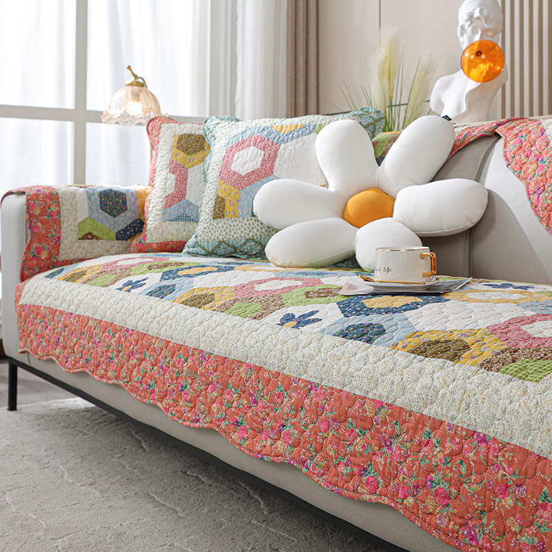 Funda de sofá antideslizante de algodón con diseño de panal de estilo campestre