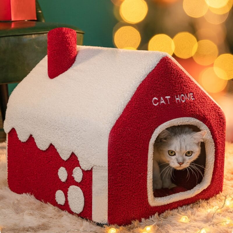 Snowy House Cat Villa Cálida cueva para gatos semicerrada