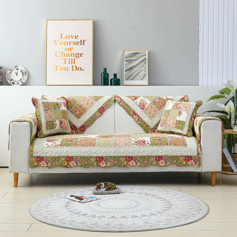 Funda de sofá de algodón a cuadros con flores vintage