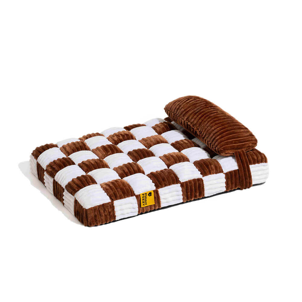 Handmade Plush Chessboard Orthopedic Support Dog Bed with Pillow