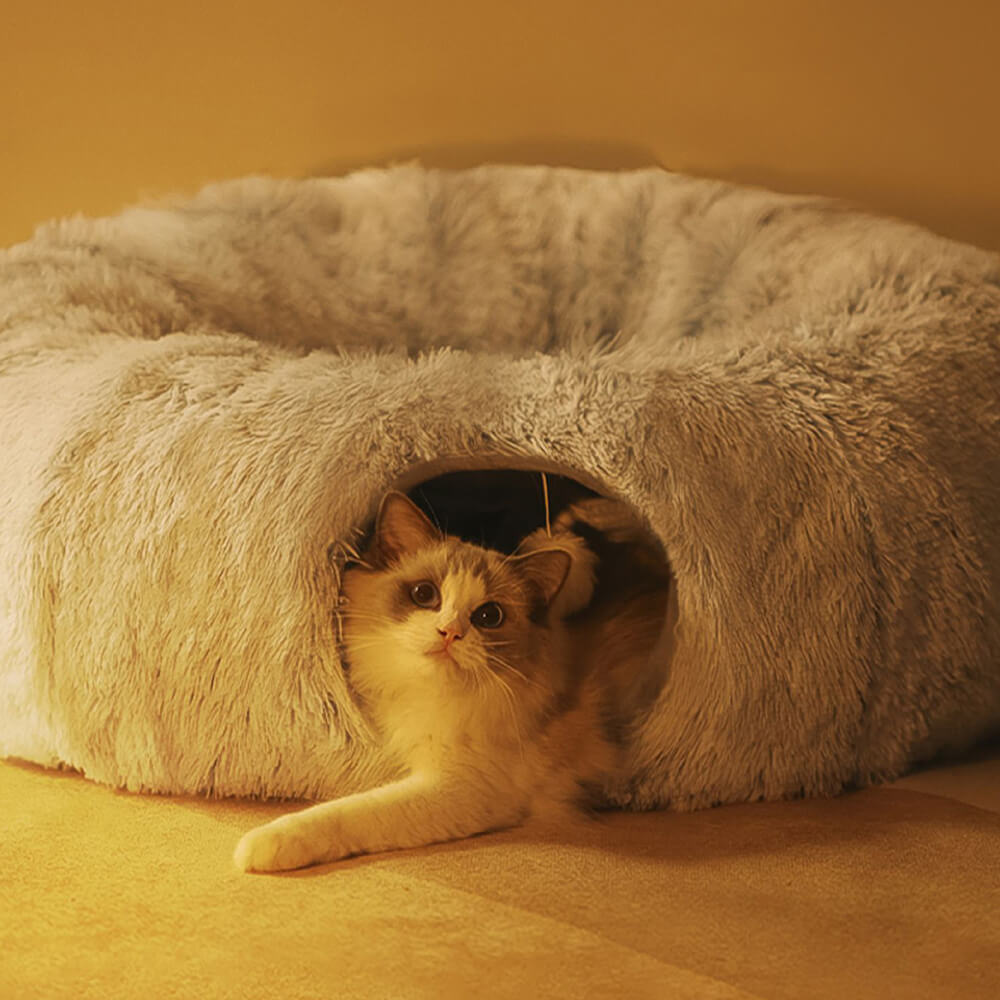 Cama túnel para gatos redonda, suave y plegable para interiores 2 en 1
