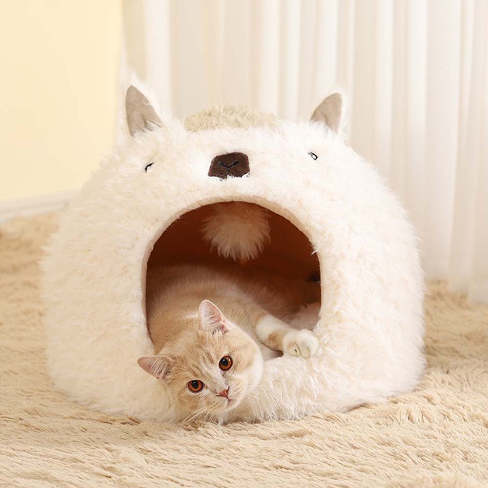 Cueva para gatos semicerrada cálida de alpaca de dibujos animados